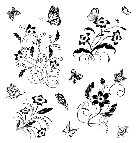 设置与蝴蝶和花型图案 — 图库矢量图片