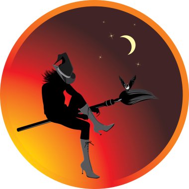 Halloween witch and bat. Sticker clipart