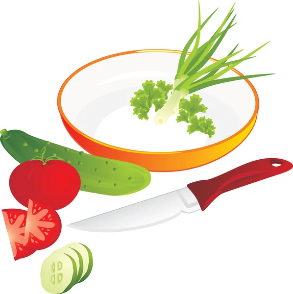 Cutting of vegetables and greenery for lettuce — Stock Vector