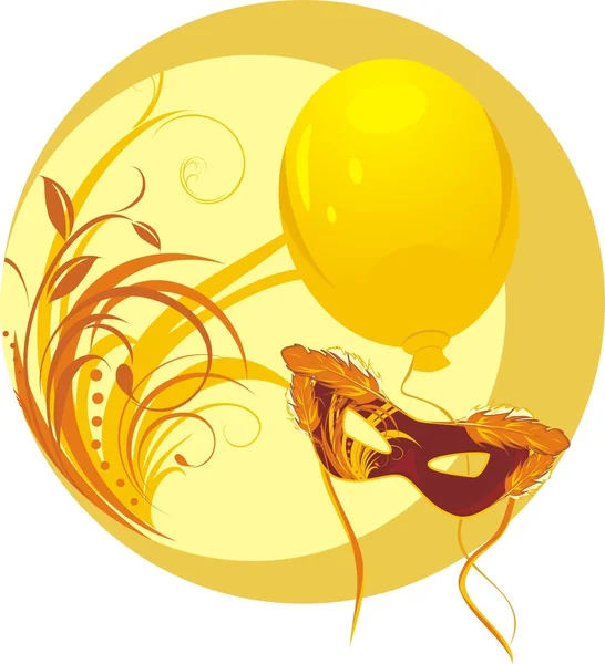 Maskerad mask och gul ballong. klistermärke — Stock vektor