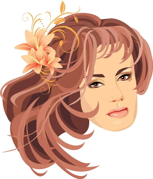 Portrait of beautiful woman with bouquet of lilies in hair — Stock Vector
