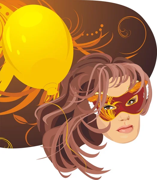 美丽的女人化妆舞会面具和黄色气球的肖像 — 图库矢量图片