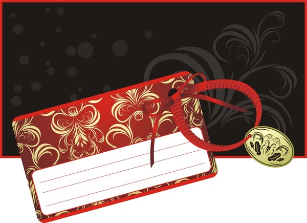 黒の背景に赤の弓と装飾的なカード — ストックベクタ