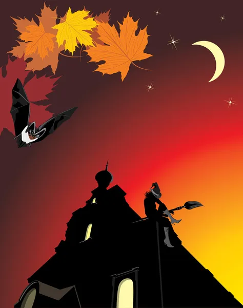 Sitzende Hexe auf dem Dach der Burg. Zusammensetzung zu Halloween — Stockvektor