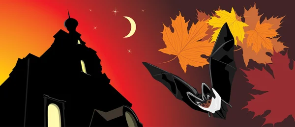 Pipistrello su uno sfondo di castello notturno. Bandiera di Halloween — Vettoriale Stock