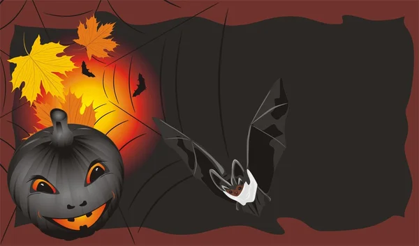 Dýně s Javorové listy a bat. Halloween karta — Stockový vektor
