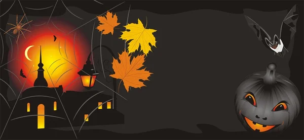 Zucca con foglie d'acero e pipistrello. Bandiera di Halloween — Vettoriale Stock