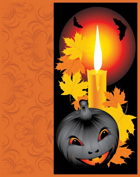 Zucca con candela e foglie d'acero. Carta di Halloween — Vettoriale Stock