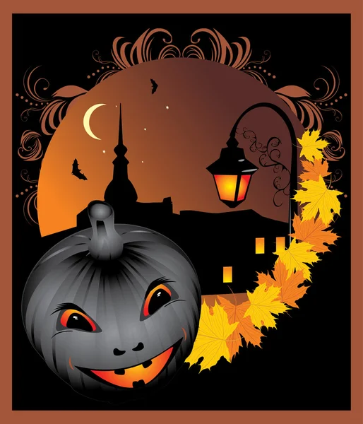 Dynia i klon liście na tle miasta w nocy. Halloween — Wektor stockowy