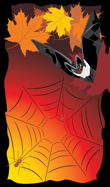 Murciélago con hojas de arce y arañas. Banner de Halloween — Vector de stock