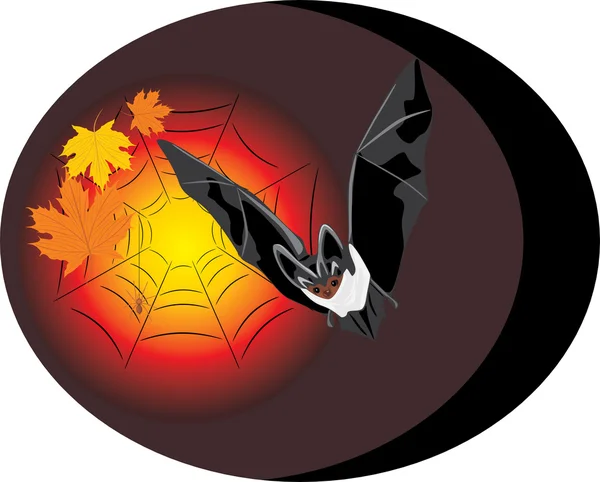 Fledermaus mit Ahornblättern und Spinne. Halloween. Aufkleber — Stockvektor