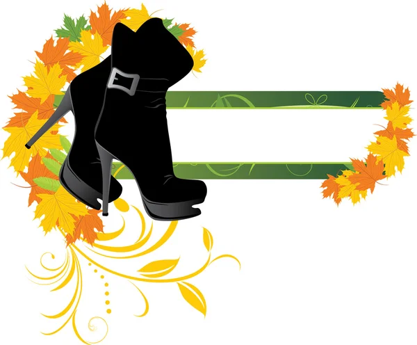 Zarif kadın ayakkabı ve akçaağaç yaprakları. Dekoratif afiş — Stok Vektör
