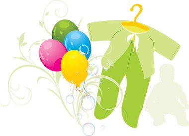 Colorful balloons and green suit for a baby clipart