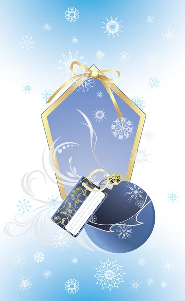 Jul blå boll på dekorativa bakgrund med snöflingor — Stock vektor