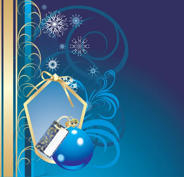 Blaue Kugel und Schneeflocken im dekorativen Rahmen. Weihnachtskarte. Vektor — Stockvektor