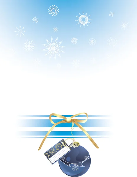 Weihnachten blaue Kugel mit goldener Schleife auf dem dekorativen Hintergrund — Stockvektor
