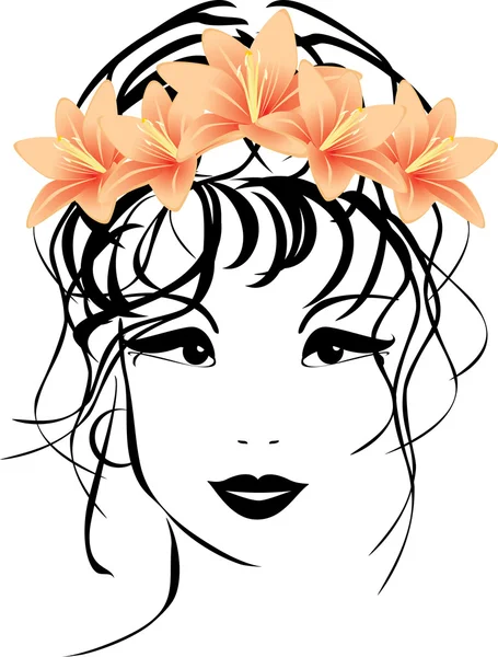 Portrait of woman with bouquet of lilies in hair — Stock Vector
