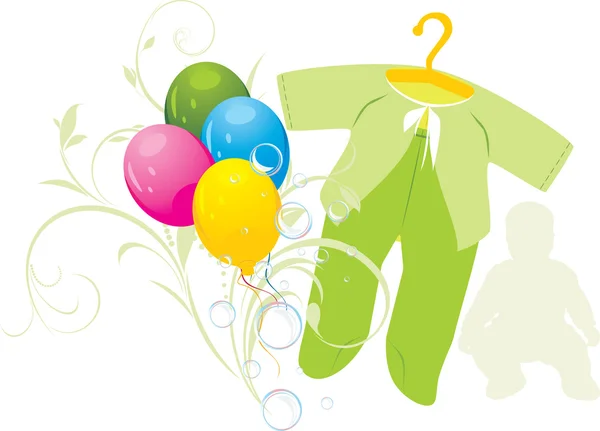 Ballons colorés et costume vert pour un bébé — Image vectorielle