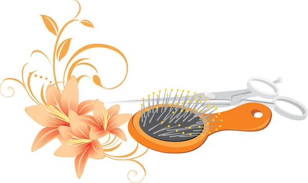 Hairbrush, scissors and bouquet of lilies — Stock Vector