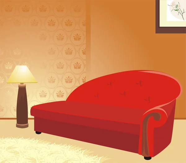 Sofá rojo y lámpara de pie. Fragmento de interior — Vector de stock