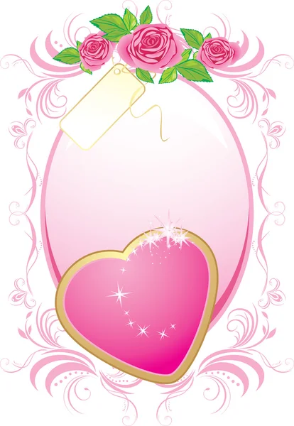 Coração rosa e buquê de rosas no quadro. Cartão dos namorados — Vetor de Stock