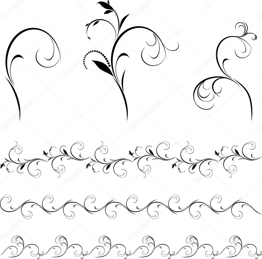 Set of decorative floral elements and borders for design