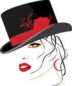 portrét krásné ženy v elegantním klobouku s červenou růží