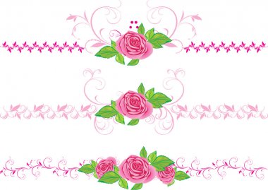 Pink roses with ornament. Three decorative borders