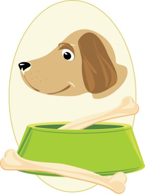 Doggy muzzle and bones in a green bowl. Sticker clipart