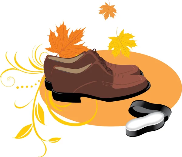 Maskuline braune Schuhe und Schwamm zur Pflege der Schuhe — Stockvektor
