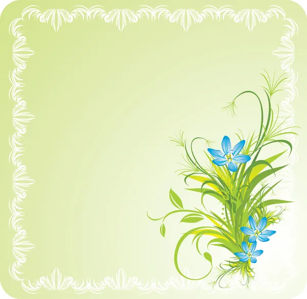 Аромат голубых цветов с травой в декоративной рамке — стоковый вектор