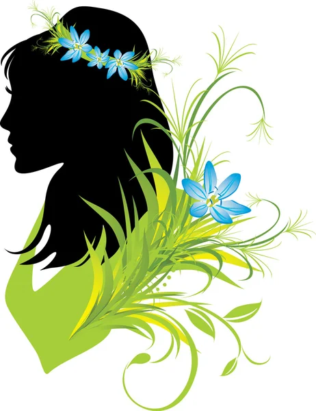 髪に花を持つ女性の肖像画。シルエット — ストックベクタ