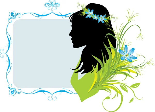Πορτραίτο γυναίκας με λουλούδια στα μαλλιά. διακοσμητικό πλαίσιο — Διανυσματικό Αρχείο