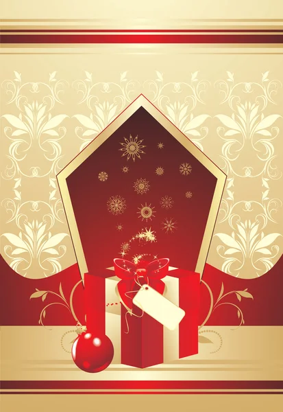 Decorative red box with bow and Christmas ball. Wrapping — Stock Vector