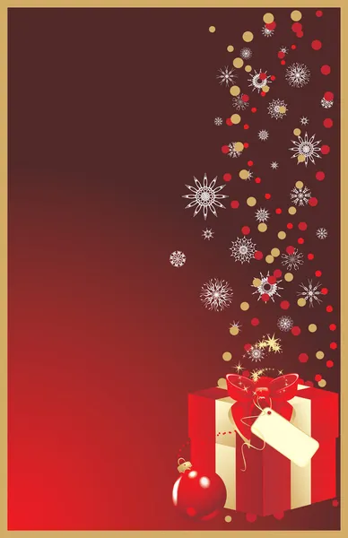 Caja roja decorativa con lazo y bola de Navidad. Fondo para tarjeta — Archivo Imágenes Vectoriales