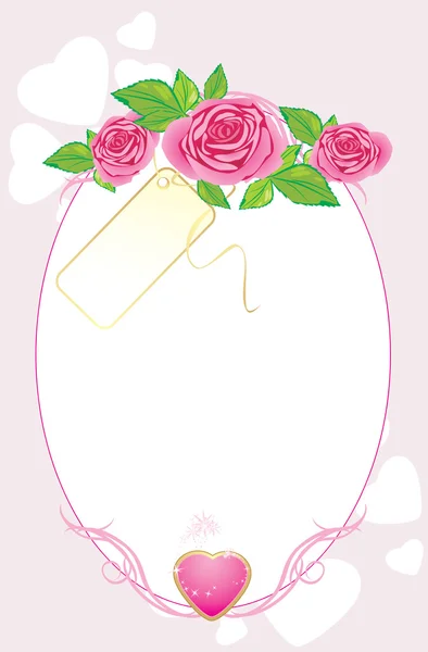 Bouquet of pink roses with card and heart. Valentines card — Stock Vector