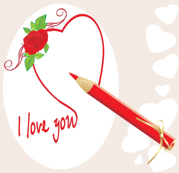 Lápiz rojo y corazón con rosa. Tarjeta de San Valentín — Archivo Imágenes Vectoriales