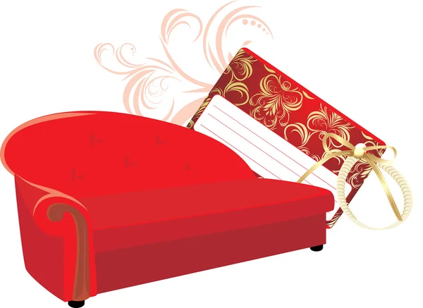 Sofá rojo elegante con tarjeta de regalo — Vector de stock