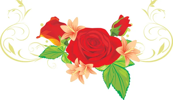 玫瑰和百合与装饰花束 — 图库矢量图片