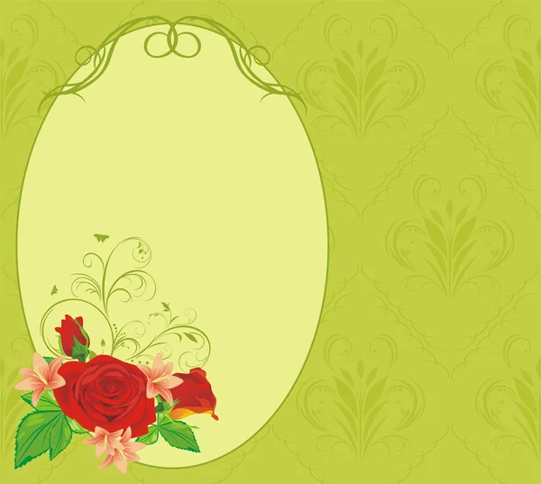 Bukett av rosor och liljor med ornament i dekorativ ram — Διανυσματικό Αρχείο