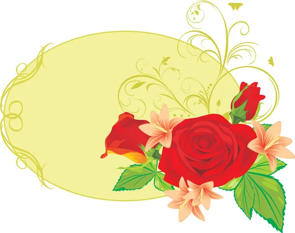 玫瑰和百合装饰框架中的花束 — 图库矢量图片