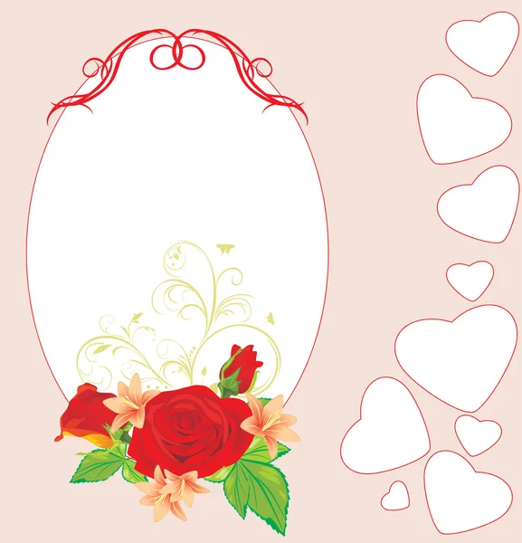 Bouquet of roses and lilies in the decorative frame with hearts — Stock Vector