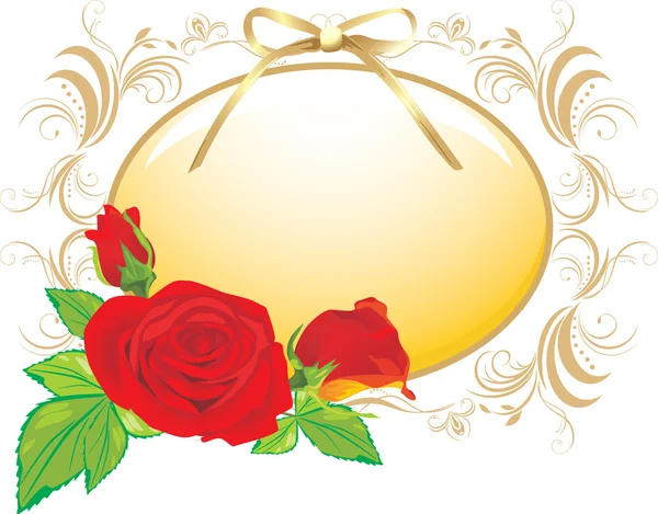Tres rosas rojas y el marco decorativo con lazo dorado — Vector de stock