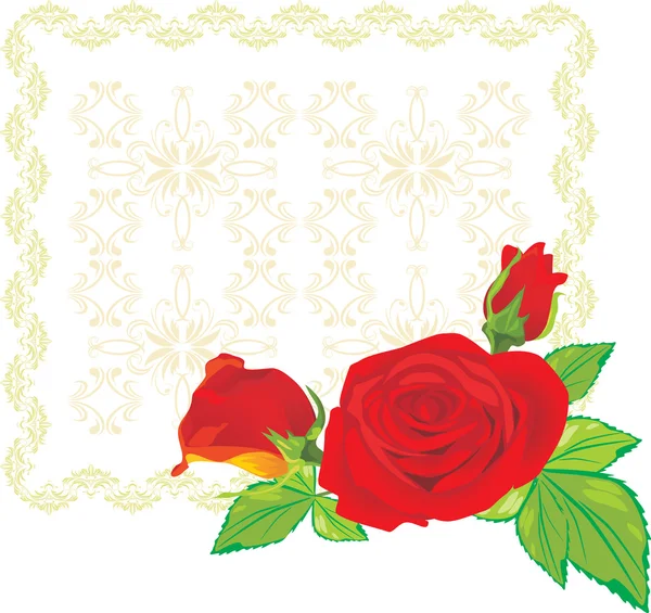 装飾的な背景の上の 3 つの赤いバラ — ストックベクタ