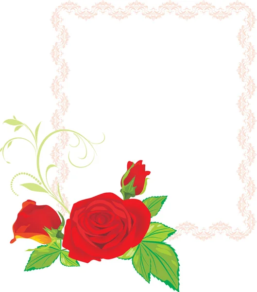 Three red roses with ornament in the decorative frame — Stock Vector
