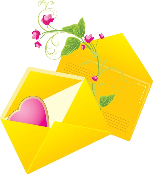 Dois envelopes amarelos com coração rosa. Dia dos namorados — Vetor de Stock