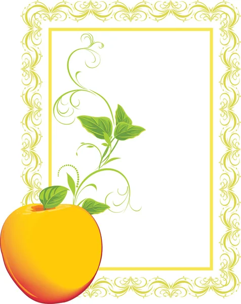 Manzana amarilla con ramita en el marco decorativo — Vector de stock