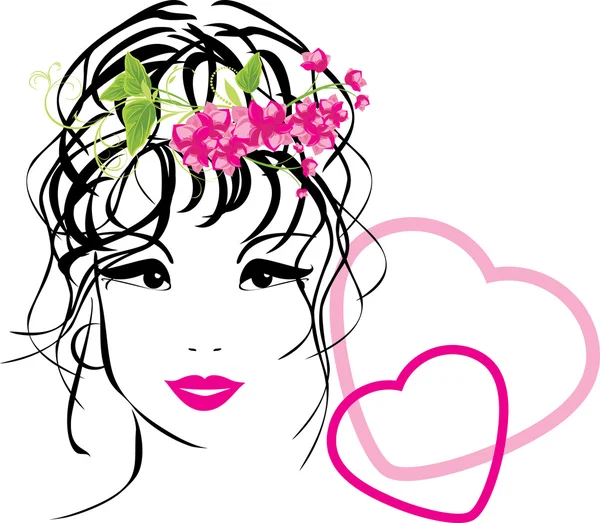Portrait of woman with bouquet in hair. Valentines icon — Stock Vector
