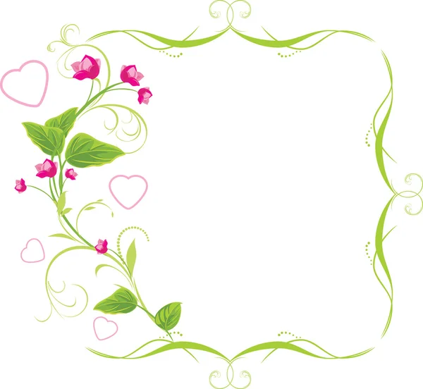 Κλαδάκι με ροζ λουλούδια και καρδιές. πλαίσιο — Διανυσματικό Αρχείο