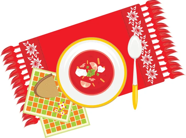 Plat avec soupe de légumes sur la serviette décorative — Image vectorielle